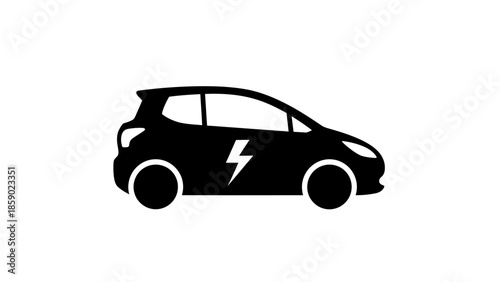 Electric car silhouette icon. EV vehicle with lightning bolt symbol isolated on white background.