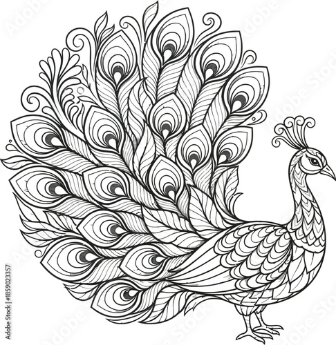 Detailed black and white line art drawing of a peacock with elaborate tail feathers