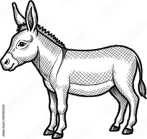 Black and white sketch of a donkey standing in profile with detailed hatching texture