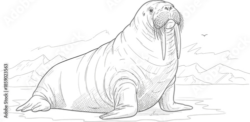 Detailed black and white line art drawing of a walrus resting on arctic ice floe