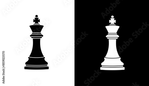 Chess king icon set. Black and white chess piece symbols isolated on contrasting backgrounds.