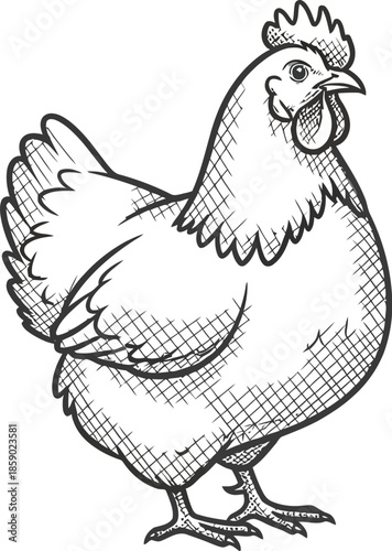 Simple black and white sketch drawing of a plump chicken standing isolated on white