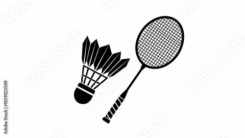 Badminton racket and shuttlecock icon, sports equipment silhouette vector.