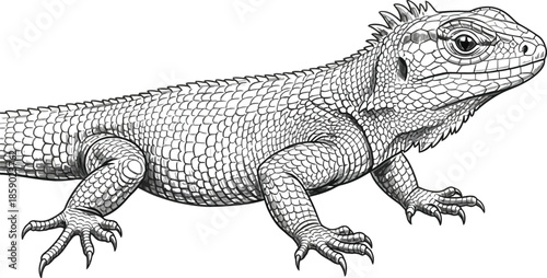 Detailed black and white drawing of a detailed lizard reptile on a white background