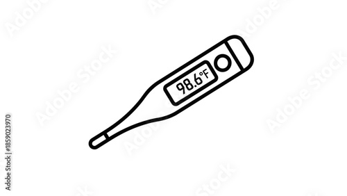 Digital thermometer icon for fever measurement. Medical equipment line art isolated on white background.