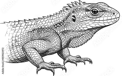 Detailed black and white sketch of a lizard head and upper body on white