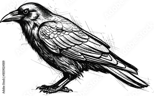 Detailed black and white sketch of a standing raven bird with scratchy texture