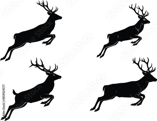 Four reindeer silhouettes in various leaping poses against a clean white background