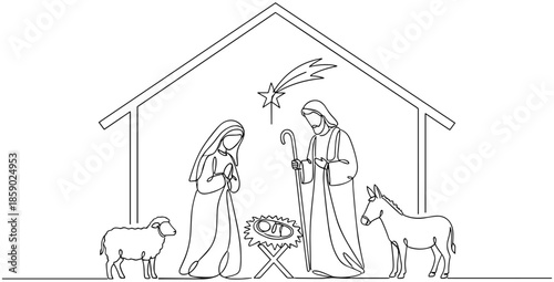 Minimalist continuous line art drawing of Christmas nativity scene with Mary Joseph and baby Jesus in a stable with animals
