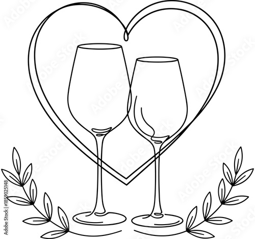 Romantic continuous line art drawing of two wine glasses inside a heart with laurel leaves, minimalist wedding and anniversary celebration