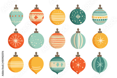 Colección de adornos navideños vintage con patrones geométricos y colores pastel, aislados sobre fondo transparente.