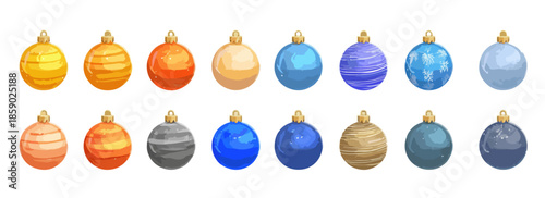 Colección de adornos navideños esféricos en varios colores y texturas sobre fondo transparente.