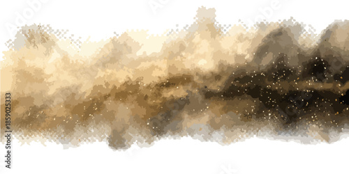 Nube abstracta de polvo y partículas doradas sobre fondo blanco, efecto acuarela.