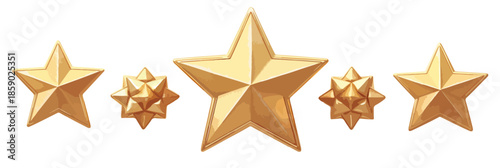 Estrellas doradas de diferentes tamaños sobre fondo blanco transparente, símbolo de éxito y calidad.
