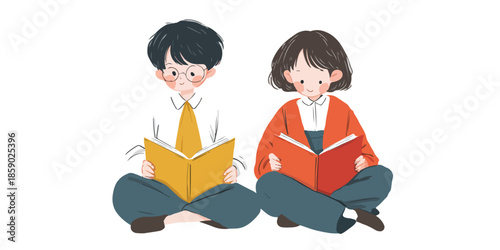 Dos niños sentados con las piernas cruzadas leyendo libros, ilustración de estilo acuarela sobre fondo blanco