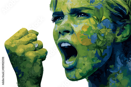 Mujer con rostro pintado de verde con patrones florales, expresando emoción y fuerza.