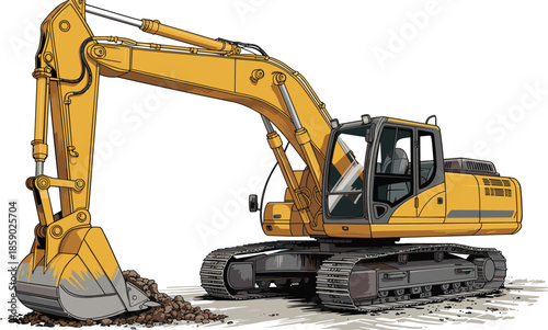 Detailed yellow excavator construction machine with bucket realistic illustration heavy equipment isolated on white background industrial design
