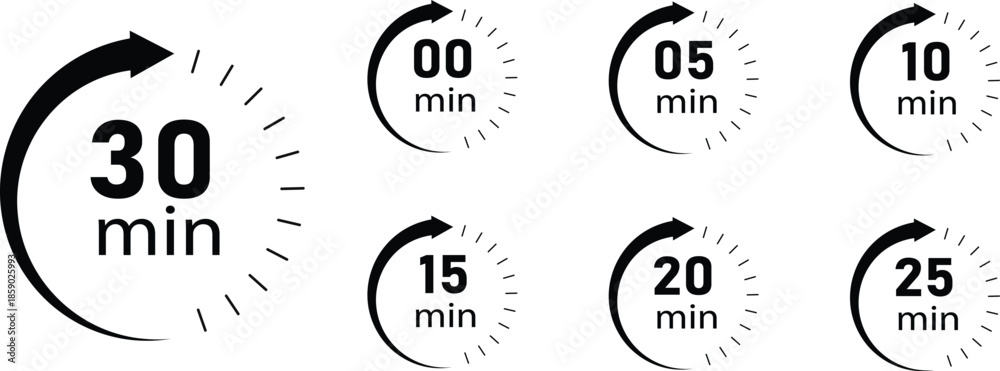 Εκτύπωση καμβά Set of black Countdown timer icons for 0, 5, 10, 15, 20, 25, 30 minutes in circu