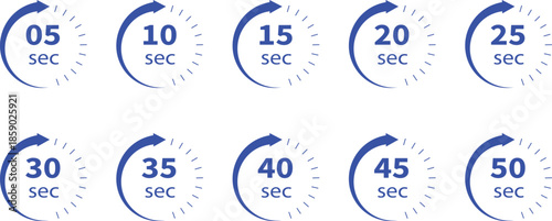 Seconds Countdown Timer and Stopwatch Icon Set with Circular Arrow, 5 to 50 Seconds Time Indicators, Vector Illustration