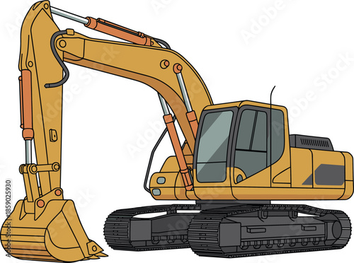 Yellow excavator construction machine detailed flat illustration heavy equipment crawler digger isolated on light background industrial design