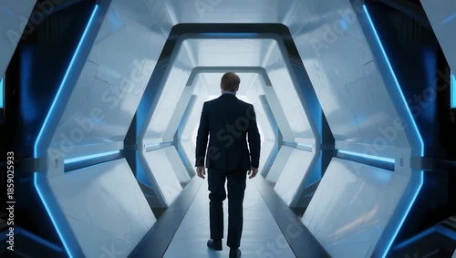 Futuristic corridor with blue lights