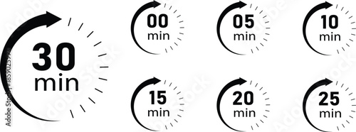 Set of black Countdown timer icons for 0, 5, 10, 15, 20, 25, 30 minutes in circular arrow design, representing stopwatch, cooking time, time tracking, scheduling, deadline, and duration measurement