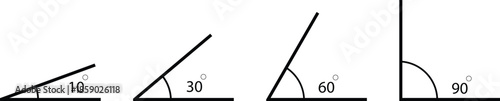 Various angles icon set. Degree icons from 10 to 90 . Geometric school learning and trigonometry exercises