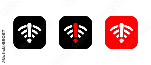Wifi warning icon in square. Internet connection alert and network problem symbol