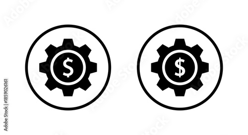 Money gear icon in circular outline. Financial settings, cost management, and business system symbol