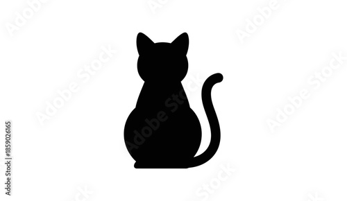 Black cat silhouette sitting back view icon. Simple feline shape isolated on white.
