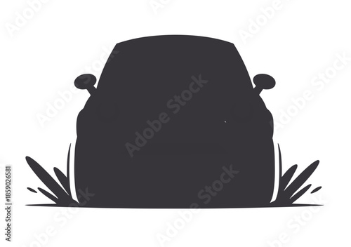 Silueta oscura de coche visto de frente salpicando agua o barro sobre fondo blanco transparente.