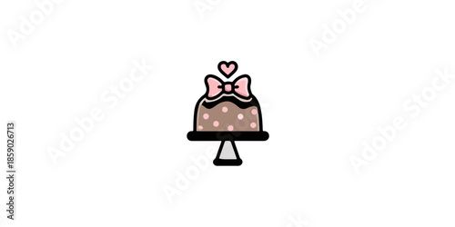 Icono de pastel de celebración dulce con lazo rosa y corazón, diseño minimalista sobre fondo transparente.