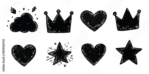 Colección de iconos dibujados a mano en negro: corona, corazón, estrella y nube sobre fondo transparente.