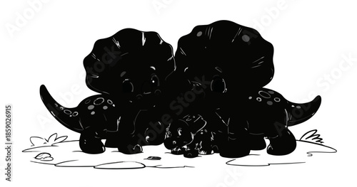 Silueta familiar de tres dinosaurios Triceratops en estilo gráfico aislado sobre fondo blanco transparente.