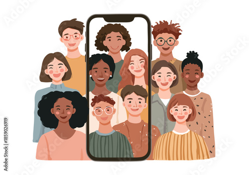 Grupo diverso de personas en videollamada, ilustración vectorial con fondo transparente para comunicación digital.