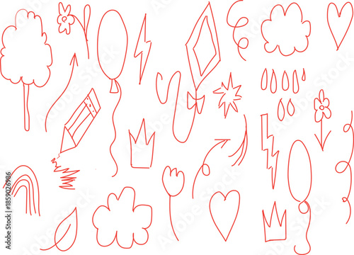  collection of hand-drawn, red-lined doodle elements. These decorative sketches are commonly used as vector illustrations or graphic assets. 