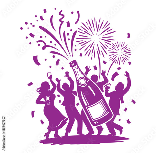 Purple silhouettes of people celebrating with champagne and fireworks at a party