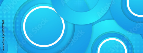 Blue circles of varying shades and sizes form a modern background