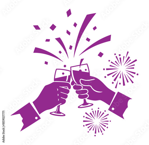 Two hands clinking wine glasses with fireworks in the background for celebration