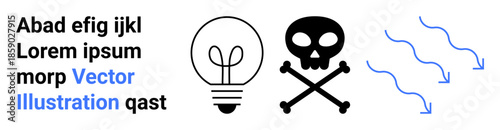 Energy ideas, warning signs, creativity, direction, innovation, graphic design . Light bulb, skull and crossbones arrows with wavy lines and text layout. Energy ideas and warning signs