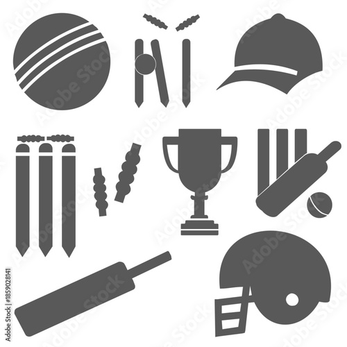 cricket equipment silhouette icons including bat ball wickets helmet trophy and cap