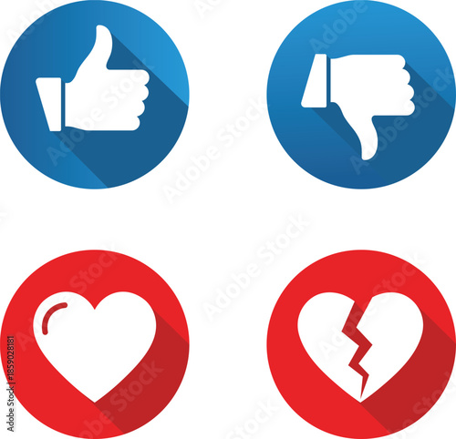 Four circular with thumbs up down heart and broken heart symbols thumbs down social media like