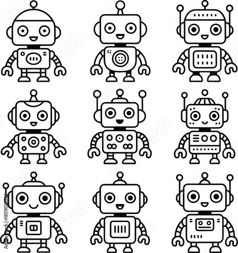 A group of cute cartoon robots standing in rows on a white background