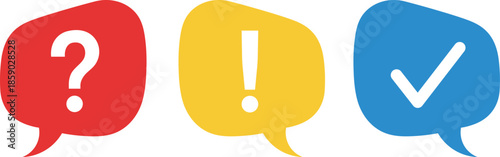 Red question mark yellow exclamation mark blue checkmark speech bubbles