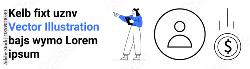 Woman holding clipboard and gesturing, profile icon, and falling dollar coin. Ideal for teamwork, profile setup, success, financial advice, strategy, recruitment and simple landing page