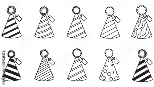 Vector line art collection of festive party hats with various patterns for birthday celebrations