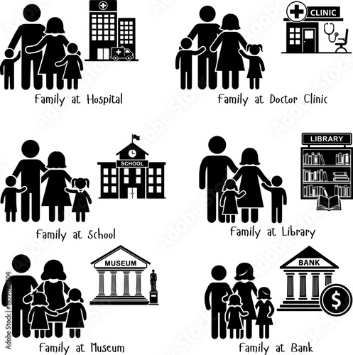 Stick Figure Family Visiting Hospital, School, Library, Museum, and Bank