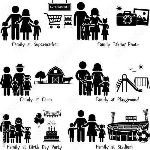 Family Lifestyle Activities and Weekend Entertainment Icon Set Vector