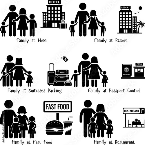 Happy Family at Hotel Resort Restaurant and Packing Suitcases Illustration