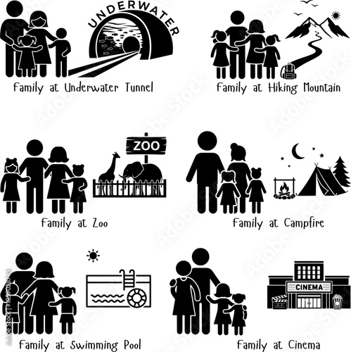 Happy Family at Zoo Cinema Swimming Pool Camping and Hiking Illustrations